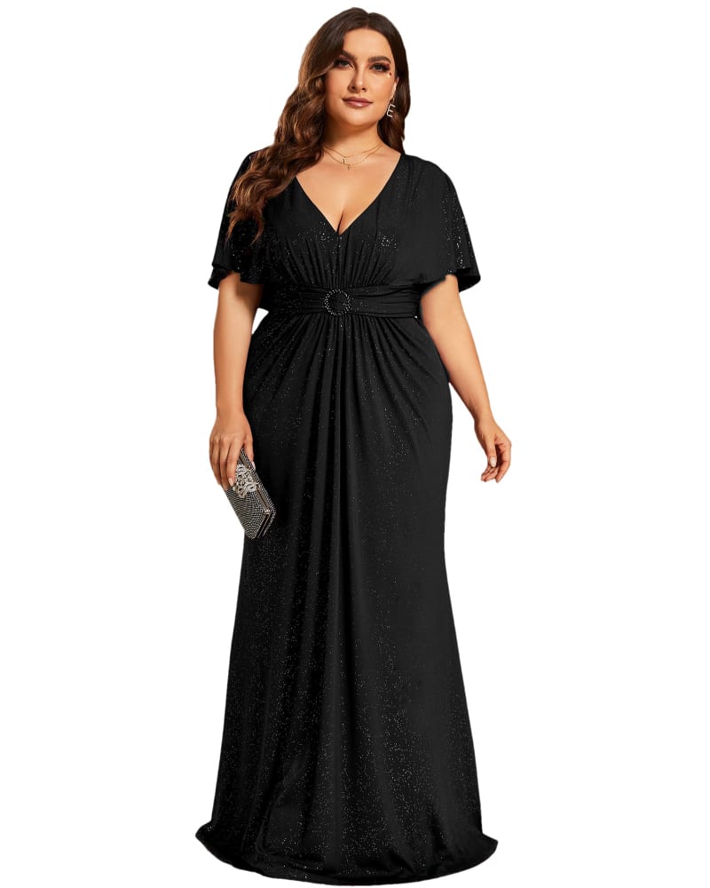 Front of a model wearing a size 18 Plus Size Glitter Bat-Wing Sleeve Waist-Cinching Mermaid Evening Dress in Black by Ever-Pretty. | dia_product_style_image_id:324773